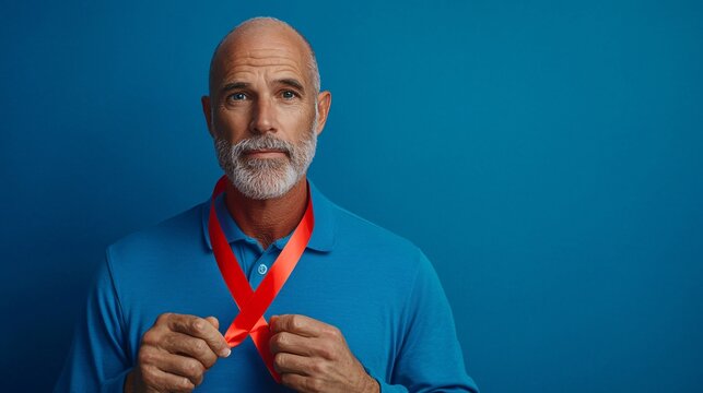 Bald cancer survivor holding a ribbon of hope healthcare clinic clean advertising photography symbolic of recovery