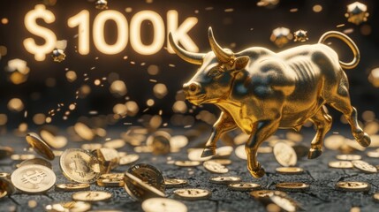 3D text "$100k" with golden bull jumping, Bitcoin coins scattered on the ground 