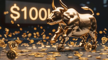 A golden bull stands triumphantly amidst scattered coins, symbolizing a bullish trend in cryptocurrency markets, with a backdrop showcasing the $100,000 milestone in digital asset values