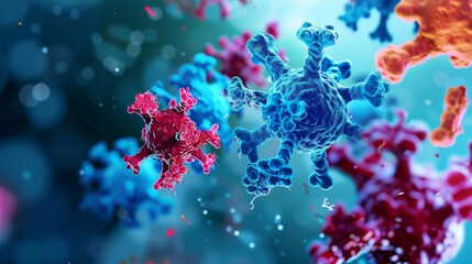 Colorful representation of coronavirus molecules in a microscopic environment capturing the complexity of viral structures during a scientific study