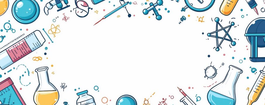 Blank white card with blue borders surrounded by colorful scientific illustrations, including laboratory equipment and molecular structures