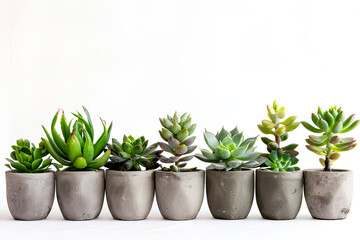 Obraz premium Succulent plants in pots on white background, space for text ,Indoor cactus plants at home on a white shelf against a white wall , contemporary round concrete planters top view isolated on white