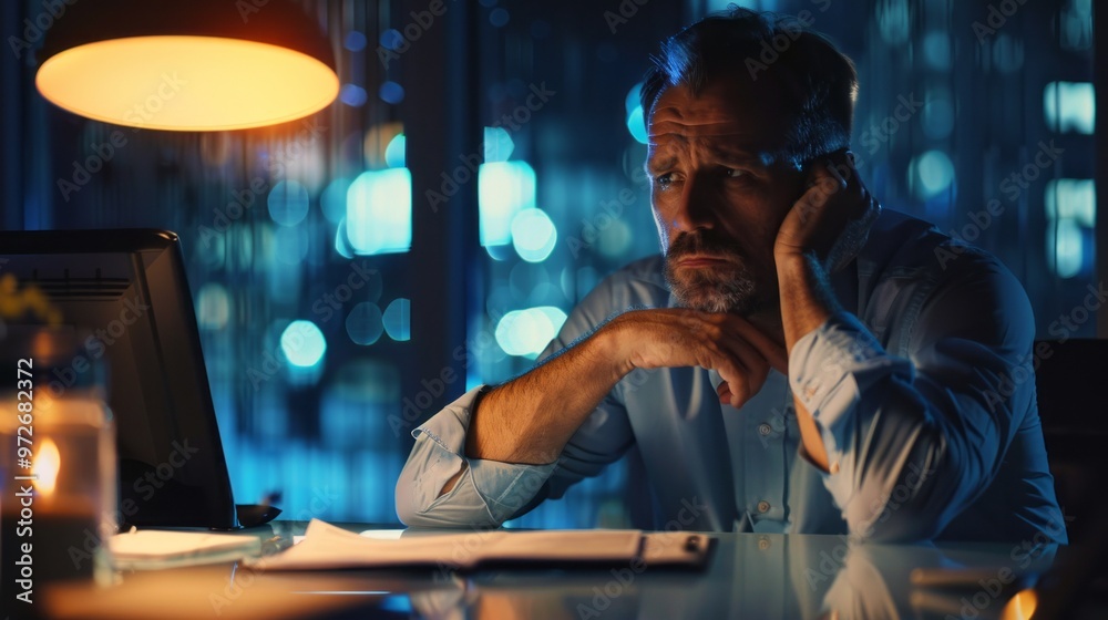 Poster a man is sitting at a desk with a laptop and a stack of papers