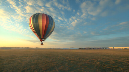 Naklejka premium Multicolored hot air balloon landing in grassy field , Hot air balloon in the blue sky , Colorful hot air balloon flying in the sky over the countryside 