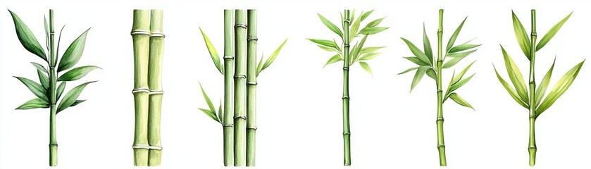 Fototapeta premium Collection of beautiful bamboo illustrations showcasing different species, textures, and vibrant green hues for nature enthusiasts.