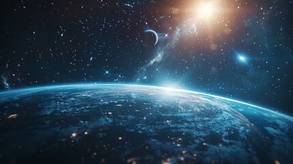 Obraz premium Breathtaking Celestial Panorama of Orbiting Planet Elysium with Glowing Atmosphere and Starry Cosmos