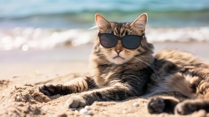 Cool cat wearing sunglasses relaxing on the beach.