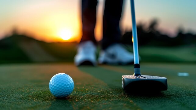 Close up of a golfer putting on the green at sunset.