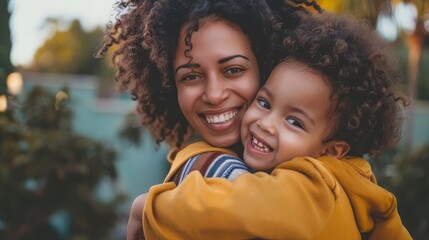 Fototapeta premium A mother and child sharing a happy moment, smiling and enjoying their time together, with copy space