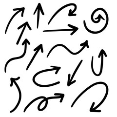 Set of doodle hand drawn black and white simple vector arrows for buisness, infographic, decorations