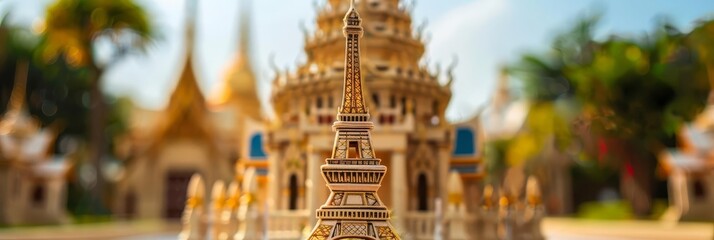 Close-up of Eiffel Tower model in front of ornate golden temple.