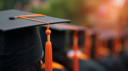 A row of graduation caps with orange tassels, symbolizing achievement and the start of a new chapter.