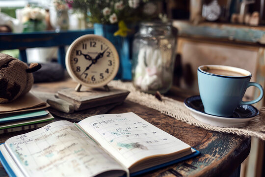 A serene morning scene with a person enjoying a cup of coffee, a planner open on the table, and a clock nearby, emphasizing the importance of planning.