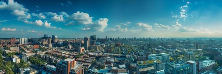 Aerial view of a city with blue sky and fluffy clouds.