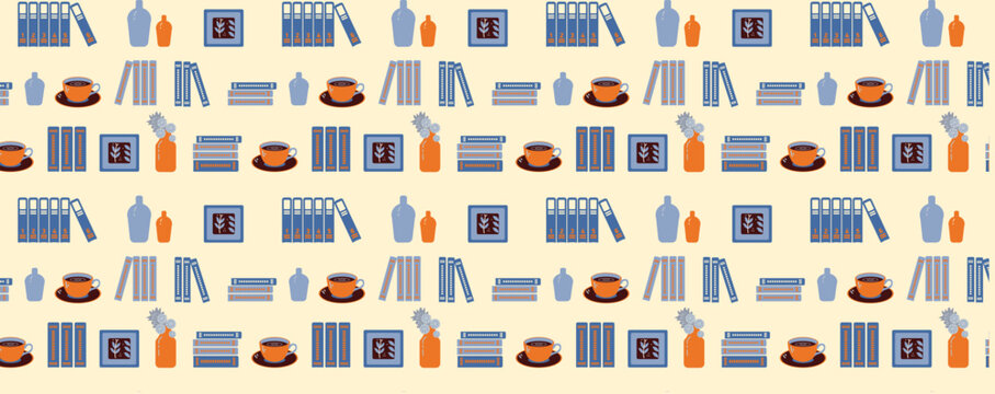 Pattern with books, mugs vase and flowers. Reading, interior and home library themed illustration. Vector Seamless background.