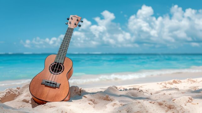 Ukulele on a sandy beach with blue ocean and sky in the background.