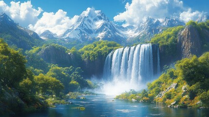 Serene landscape featuring a majestic waterfall and mountains.