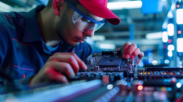 A technician analyzing a CPU in a lab, focusing on computers, service, electronics, hardware, repair, upgrades, and technology with copy space