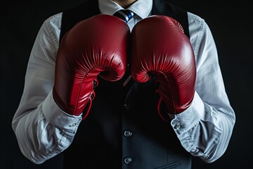 Businessman wearing boxing gloves, with copy space