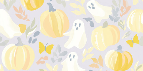 Obraz premium Yellow Halloween pattern with pastel ghosts and pumpkins, playful and cute design 