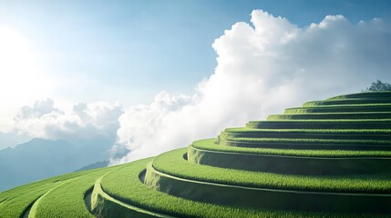 Lush green rice terraces on a hillside with clouds in the sky.