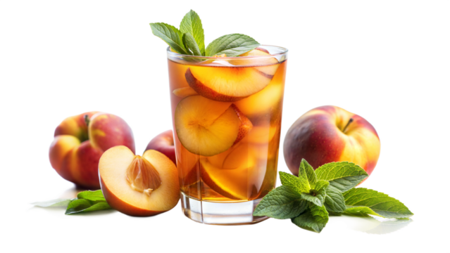 Sparkling Peach Bellini Cocktail, Bright and Effervescent, with Fresh Peach Slices and Mint Against Isolated transparent background