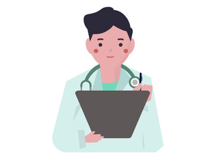 カルテを書く白衣の男性。ベクターイラスト