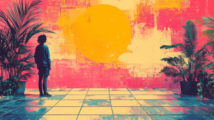 Man Standing in Front of Abstract Art Mural with Palm Trees and Sun