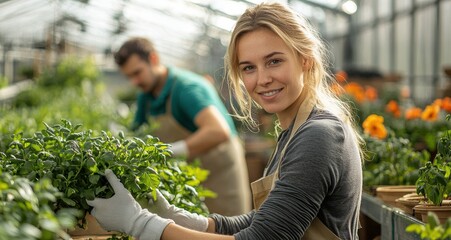 Obraz premium Smiling woman in her thirties tending plants in a greenhouse with blooming flowers and green plants around her