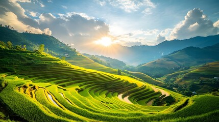 Lush green rice terraces in a mountainous landscape with the sun shining through the clouds.