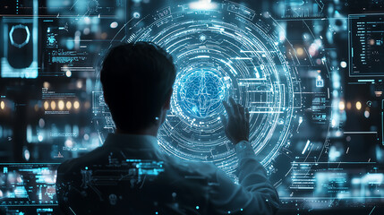 futuristic technology scene showing an AI interface with holographic data visualization a businessman interacting through a touch screen
