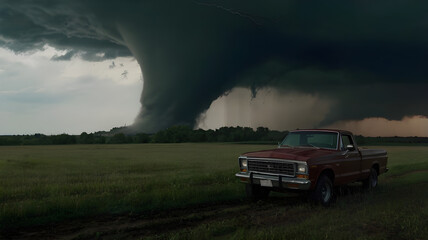 Fototapeta premium tornado in the field and a car, natural disaster 