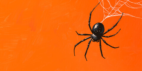 Retro spider and web design on muted orange background with ample copyspace
