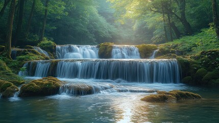 Serene waterfall cascading through lush green forest scenery.