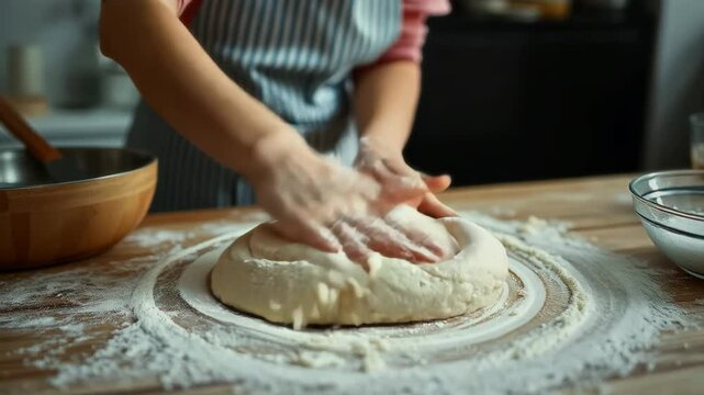 Unrecognizable female prepares pastry, kneads dough on wooden table. Woman cook bakes bread. Close-up. Hands of girl make dough in the kitchen for bread or baking. Flour is on the table.