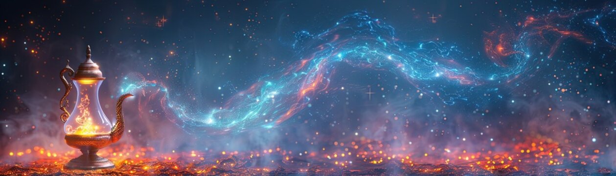 Mystical genie unfurling from a classic lamp, with a backdrop of starry night and mysterious aura