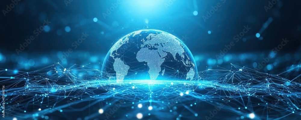 Wall mural global connectivity with digital network lines on a blue background highlighting technology and comm