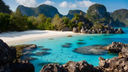 Obraz premium A secluded beach with turquoise waters, white sand, and rocky cliffs.