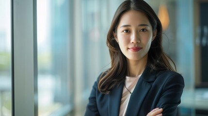 Fototapeta premium Portrait of a young Asian businesswoman, capturing her confidence and professionalism, ideal for modern business and leadership themes with copy space