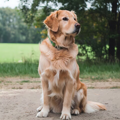  A golden retriever sits on the ground, gazing at a lush green field in the background, embodying tranquility and joy.