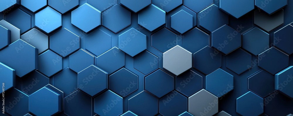 Poster abstract blue background with 3d hexagonal pattern and dynamic light lines creating a futuristic and