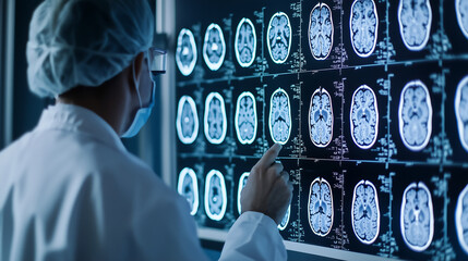 doctor in a white coat and cap examining multiple high resolution images of a human brain on a screen