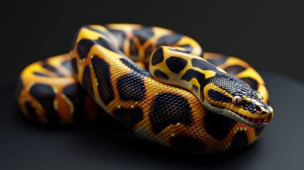 Fototapeta premium A snake with a black and yellow pattern is laying on a black surface