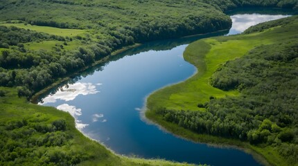 Fototapeta premium An aerial view of a winding river flowing through lush green fields and trees.