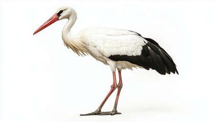 Fototapeta premium A stork stands gracefully on one leg with its long neck extended, showcasing its distinctive feathers and vibrant beak against a plain background
