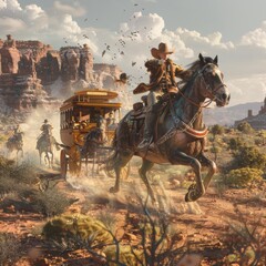 a horseback deputy protects a senator's stagecoach from a group of bandits in old west texas. high detail, digital art, cinematic