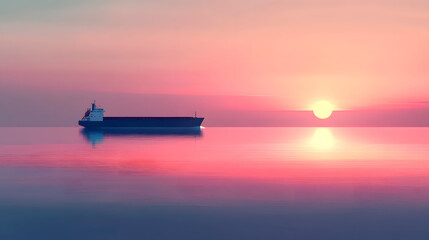 Naklejka premium minimalist scene of a cargo ship at sea, the stillness of the water reflecting the delicate colors of a fading sunset