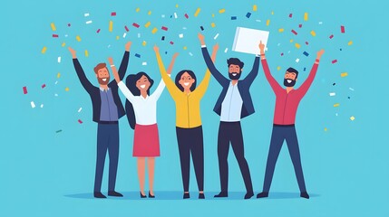 A diverse group of people celebrating success with confetti