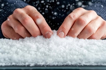 Hands scraping frost off a windshield with snow-covered surroundings, representing preparing a car for winter conditions Frost removal, Winter car maintenance
