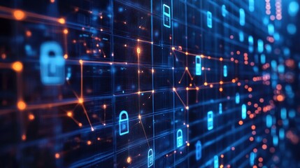 Obraz premium A background featuring a network of servers and data points secured with digital locks and security alerts